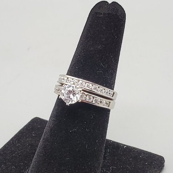 Wedding Band Engagement Ring Set Sterling Silver Size 7 CZ 925 - Picture 1 of 5